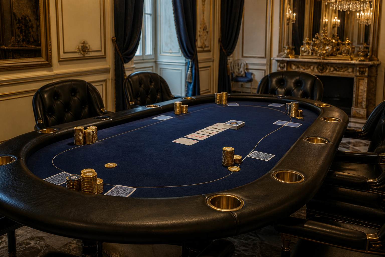 Poker table with navy felt and gold chips