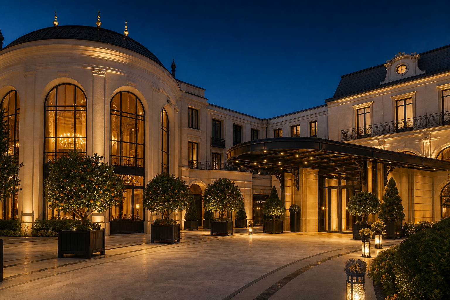 Evening courtyard and limestone facade of RebelBistroCasino