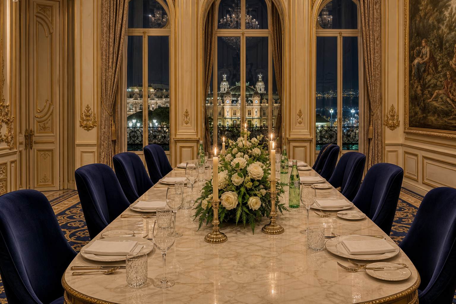 Private marble dining salon set for a hosted evening